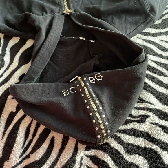 BCBG rhinestone bedazzled jeweled black long sleeve sweater hoodie dress Y2K - Picture 10 of 13